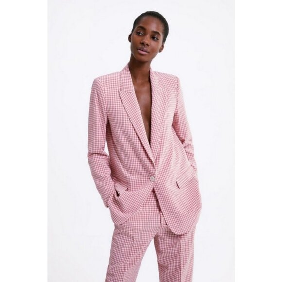 💕ZARA💕 Gingham Blazer ~ Pink Large NWOT - Picture 1 of 10